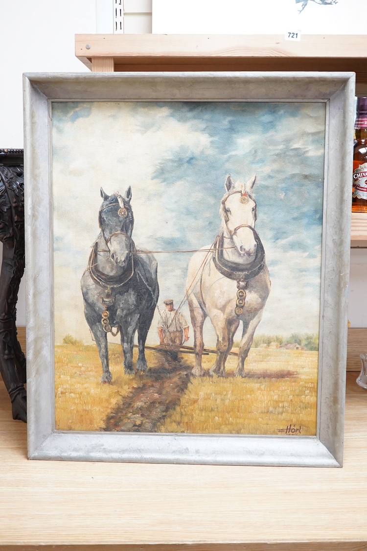 Otto Hörl, Two work horses ploughing fields, signed and dated 1947, oil on canvas, 64 x 52cm